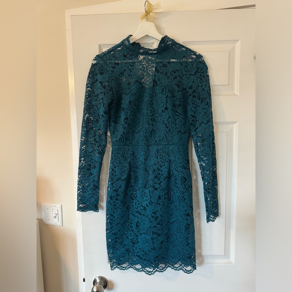 Betsey Johnson Long Sleeve Teal Lace Cocktail Dress